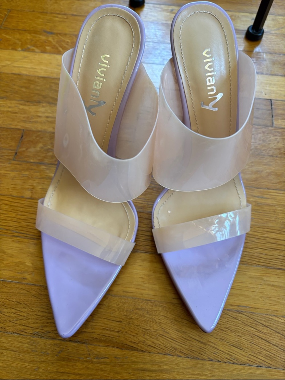 Vivianly Lilac Pointed Toe Mules with Clear Straps